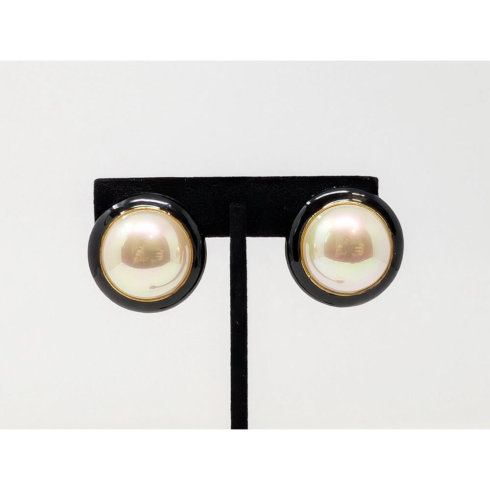 Black White Earrings Clip On Gold Tone Faux Pearl Round Dome Button Corpcore